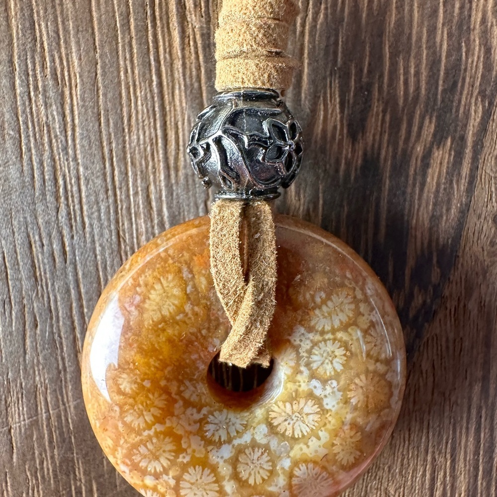 Yellow Golden Coral Fossil Donut Pendant Choker on Brown Faux Suede - Picture 7 of 11